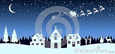 Santa Claus flyin on Christmas sleigh over the housses in the night - vector Vector Illustration