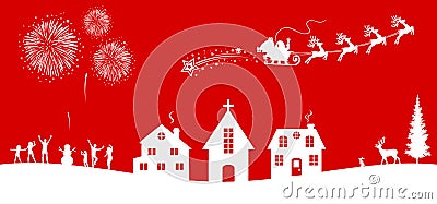 Santa Claus flyin on Christmas sleigh over the housses in the night - vector Vector Illustration