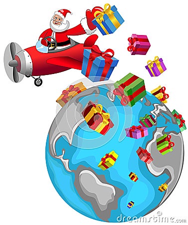 Santa Claus Flying Airplane Christmas World Vector Illustration