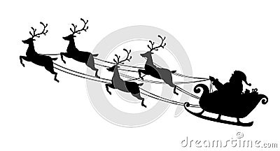 Santa Claus flying with reindeer sleigh. Black Silhouette. Symbol of Christmas and New Year isolated on white background. Vector Vector Illustration