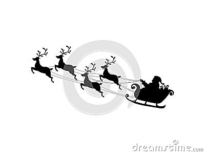 Santa Claus flying with reindeer sleigh Black Silhouette Symbol of Christmas Vector Illustration
