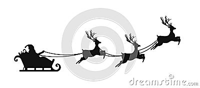 Santa Claus is flying in sleigh with Christmas reindeer. Silhouette of Santa Claus, sleigh with Christmas presents Vector Illustration
