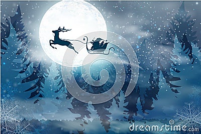 Winter blue sky with falling snow, snowflakes with a winter landscape with a full moon. Vector Illustration