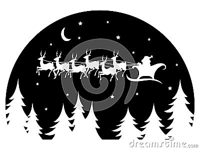 Santa Claus flying in a sleigh drawn by deer over the forest. Black and white vector illustration for Christmas. Vector Illustration