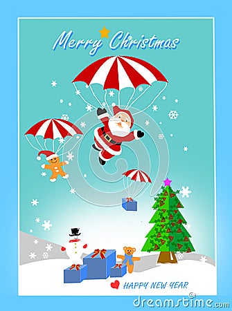 Santa Claus and friends flying with parachutes in the sky Stock Photo