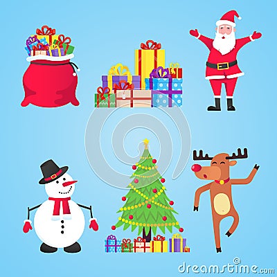 Santa Claus, gift bags with gifts, snowman, christmas tree, reindeer set Vector Illustration