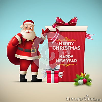 Santa Claus and Gift Box Vector Illustration