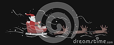 Santa Claus with gift boxes rides in a sleigh in harness on the reindeer. Flying deer herd vector illustration on black Vector Illustration