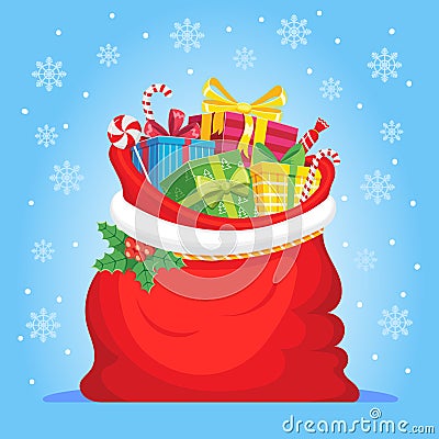 Santa Claus gifts in bag. Christmas presents sack, pile of sweets gift and xmas vector illustration Vector Illustration