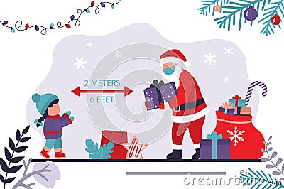 Santa Claus and girl take precautions during pandemic. Santa Claus in protective mask gives presents to child. Keeping social Vector Illustration