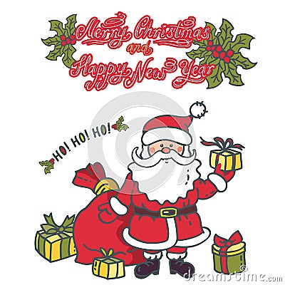 Santa Claus gives gifts. Design greeting card with the text Vector Illustration