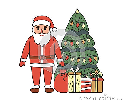 Santa Claus greeting with Christmas near fir tree and gifts, doodle style. Sketch color. Hand drawn design on Christmas Vector Illustration