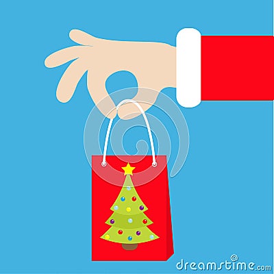 Santa Claus hand holding gift shopping paper bag with fir tree. Merry Christmas. Red costume fur. Giving present. Cute cartoon kaw Vector Illustration