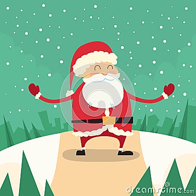 Santa Claus Happy Standing Winter Snow Forest Road Vector Illustration