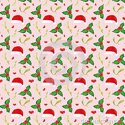 Santa claus hat. Christmas watercolor pattern with Santa`s hat, mistletoe and holly with red and white berries of plants Stock Photo