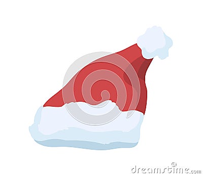 Santa Claus hat vector illustration. Festive christmas celebration costume element. Red plush hat with pompom on top Vector Illustration