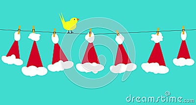 Santa claus hats on clothesline Vector Illustration