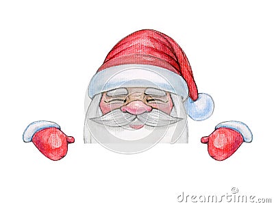 Santa Claus hiding by blank, isolated on white. Watercolor illustration Stock Photo