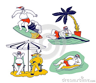 Santa Claus and his Deer on Vacation. Christmas Characters Traveling to Tropical Resort Surfing in Ocean Vector Illustration
