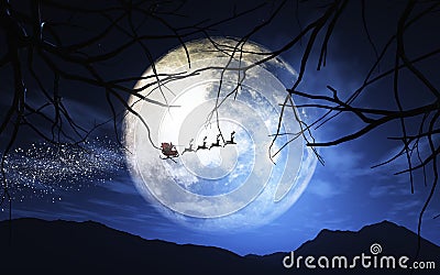 Santa Claus and his sleigh flying in a moonlit sky Stock Photo