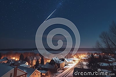 Santa claus on his sleigh flying over a city, represented as a shooting star passing over a small American town at christmas night Stock Photo