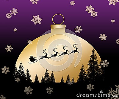 Santa Claus and his sleigh and reindeer fly over a pine forest with a sunset behind Cartoon Illustration