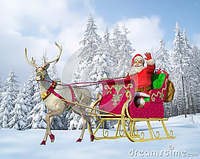 Santa Claus on his sleigh and reindeer, snow capped trees being at the background. Stock Photo