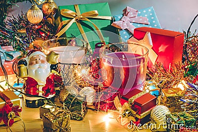 Santa claus hold bell and christmas candle, and Ornament decorate Merry Christmas , happy new year Stock Photo