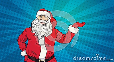 Santa Claus Hold Open Palm To Copy Space Pop Art Style Happy New Year And Merry Christmas Holiday Concept Vector Illustration