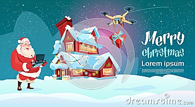 Santa Claus Hold Remove Controller Drone Delivery Present, New Year Christmas Holiday Vector Illustration