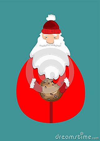 santa claus holding cookie on blue background Vector Illustration