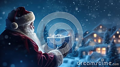 Santa claus holds a Christmas present in his hands. Concept of Christmas gifts and Christmas miracle. Generative AI Stock Photo