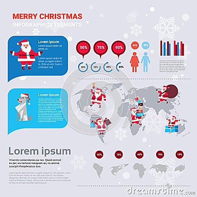 Santa Claus And Holiday Dog On Merry Christmas Infographics Banner With World Map Vector Illustration