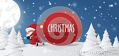Santa Claus with a huge bag on the run to delivery christmas gifts at snow fall.Merry Christmas text Calligraphic Lettering Vector Vector Illustration