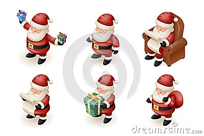 Santa Claus Isometric 3d Read Gift List Sit Armchair Character Sit Armchair Giftbag Icon Holiday Fireplace Background Vector Illustration