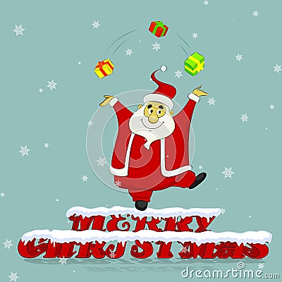 Santa Claus juggling with Christmas gifts Vector Illustration