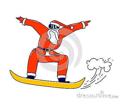 Santa Claus Keep Balance on Snowboard. Senior Man in Red Xmas Festive Traditional Costume and Sunglasses Perform Stunts Vector Illustration