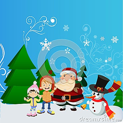 Santa Claus with kid in Christmas snow scene. Vector Illustration