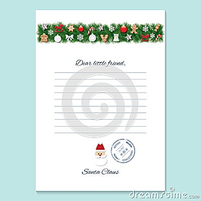 Santa Claus letter. Decorative blank template A4. Vector Illustration