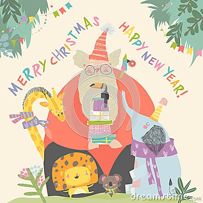 Santa Claus with lion, giraffe,panda, koala and elephant Vector Illustration