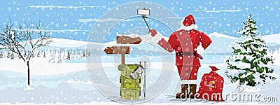Santa Claus making selfie or making video bloggingwith sack of gift boxes on his smartphone against landscape. Vector Vector Illustration