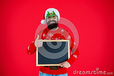 Santa Claus man offer New Year sale. Santa man offer holiday shopping. Xmas advertisement, copy space. Christmas Stock Photo