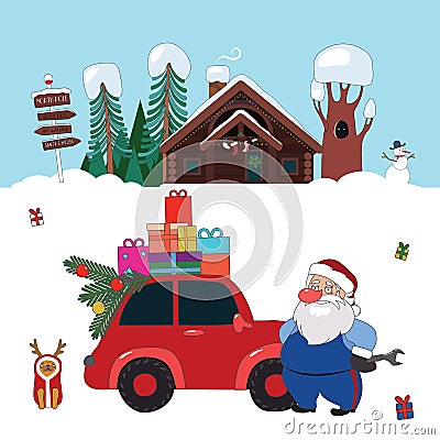 Santa Claus mechanic and red car Vector Illustration