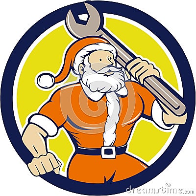 Santa Claus Mechanic Spanner Circle Cartoon Vector Illustration