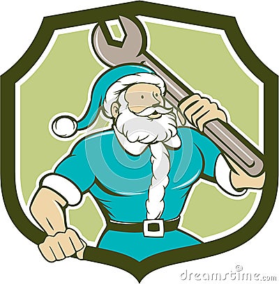 Santa Claus Mechanic Spanner Shield Cartoon Stock Photo