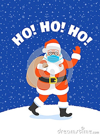 Santa Claus in medical mask with Christmas gifts Vector Illustration