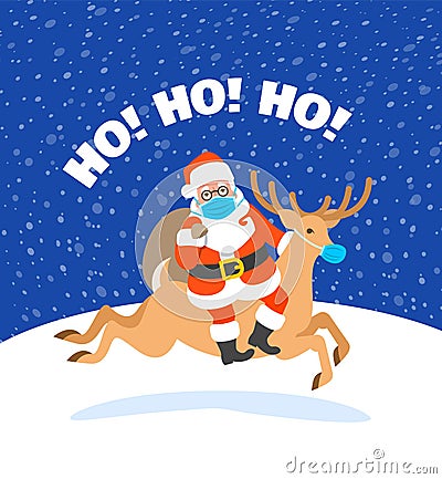 Santa Claus in medical mask riding Christmas deer Vector Illustration