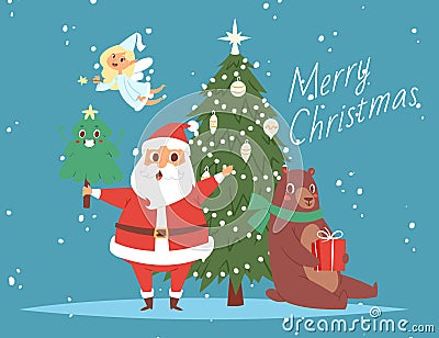 Santa Claus and merry christmas tree, bear and angel cartoon vector illustration card. Christmas santa claus in cartoon Vector Illustration