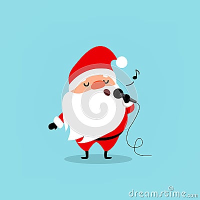 Santa Claus with a microphone sings karaoke. A funny Christmas character. Element from the collection. Vector isolated on blue Vector Illustration