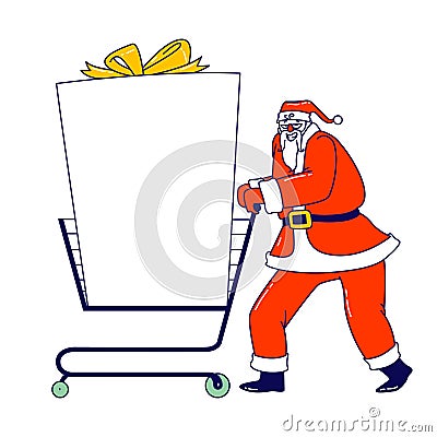 Santa Claus with Mockup. Christmas Character Push Shopping Trolley with Huge Gift and Empty Copy Space for Advertising Vector Illustration